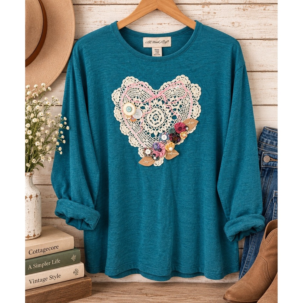 All Week Long Womens Top Crochet Heart 3D Floral L Teal Cottagecore Grandma Core